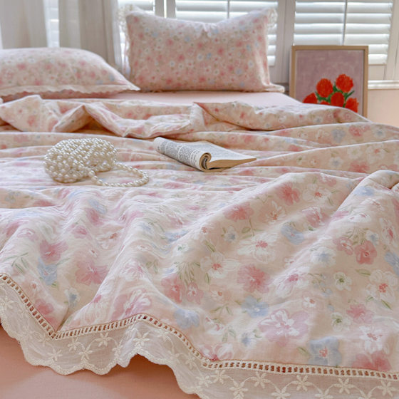 Class A French Pastoral Style Summer Quilt 100 Cotton Double-Layer Yarn Summer Quilt Four-Piece Set Cotton Lace Single Air Conditioning Quilt