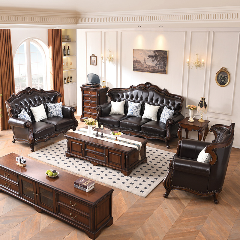 Villa Living Room Sofa Combination European Simple Carved Leather Sofa 123 Seats American Retro Solid Wood Sofa