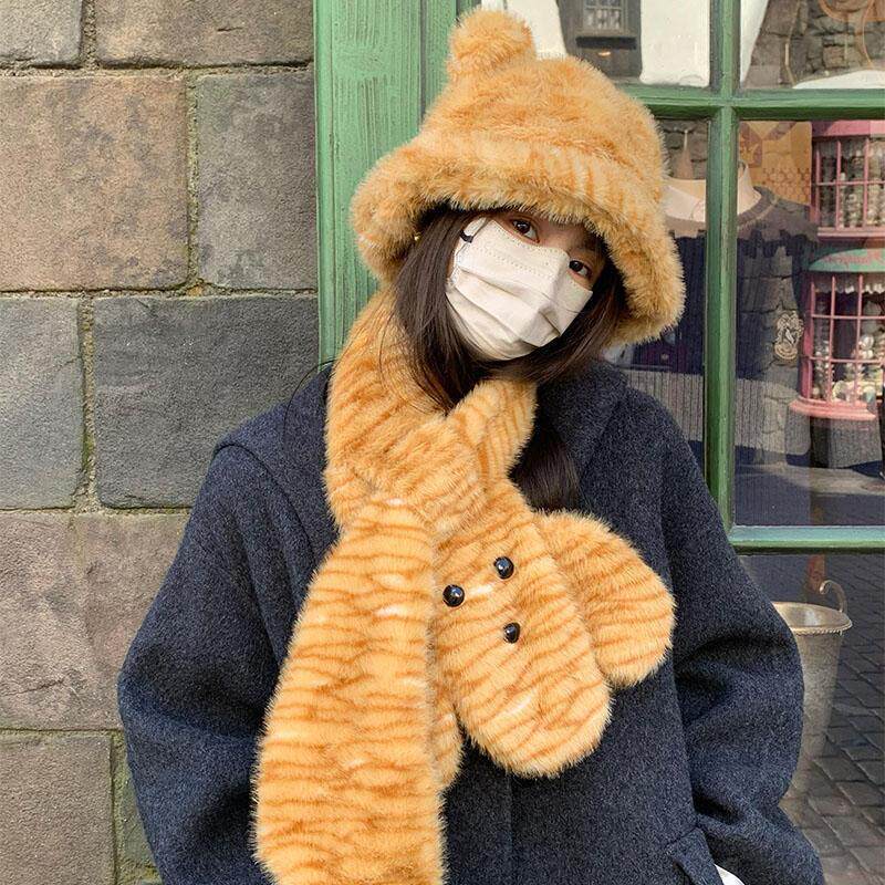 Little Tiger Hat with Tiger Print Scarf, Plush Ear Protection Hat, Fisherman Hat, Autumn and Winter Women's Warm Thickened 2026 New Cute Model