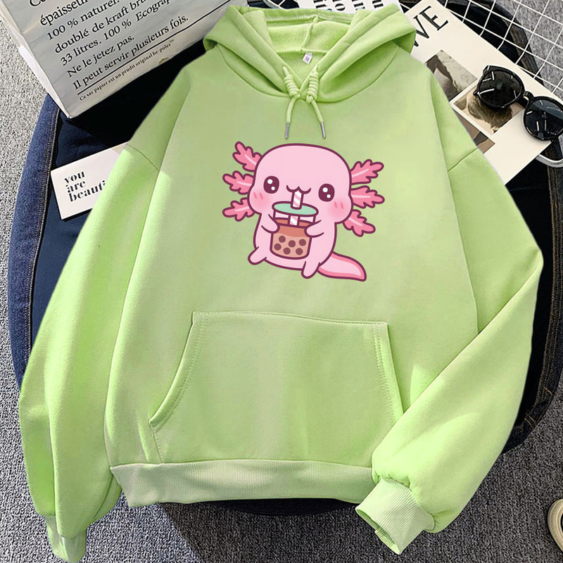 Pink Axolotl Eating Bubble Boba Milk Tea Hoodie Winter Cartoon Graphic Hooded Sweatshirt Warm