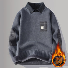 R9896 一体绒贴布款男毛衣男士衬衫领假两件保暖衣