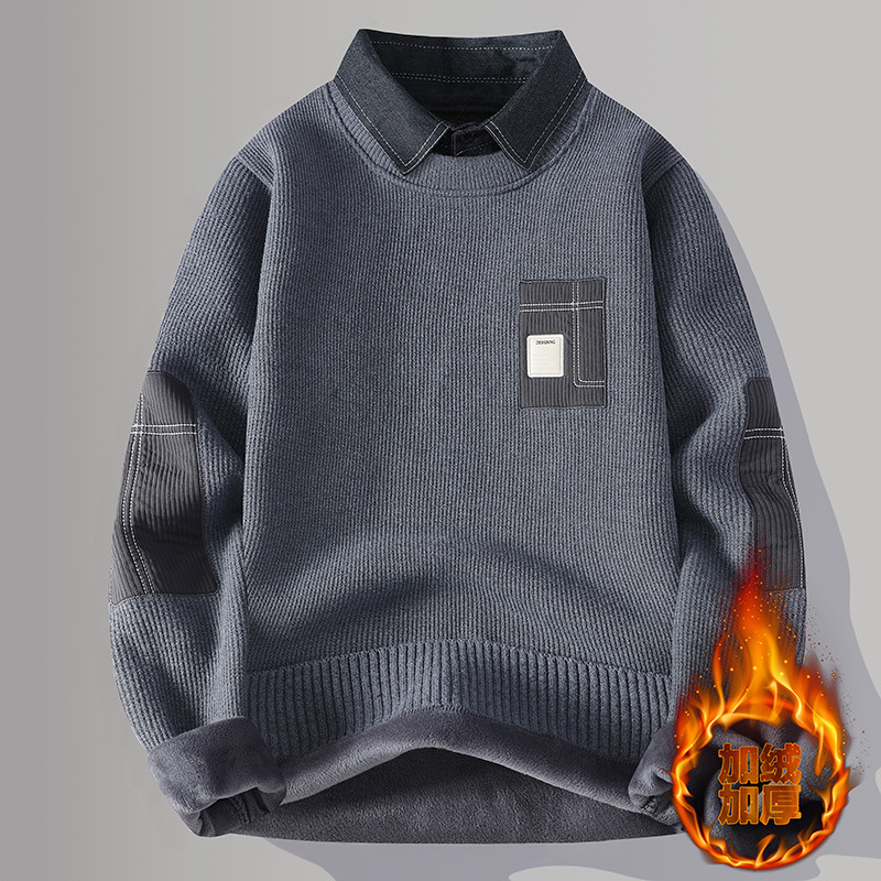 R9896 One-Piece Velvet Patch Men's Sweater Men's Shirt Collar Fake Two-Piece Thermal Clothing