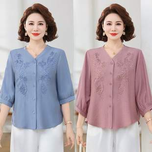 Mother Summer Gastrodia Breathable Shirt 50-60 Years Old Middle-aged and Elderly Women's Loose Meat Covering Short-sleeved Thin Shirt for Women