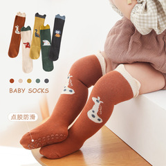 Infant knee-high socks with cartoon animal designs for 21st birthday, non-binding leg, slip-resistant, and with dots for newborn babies.