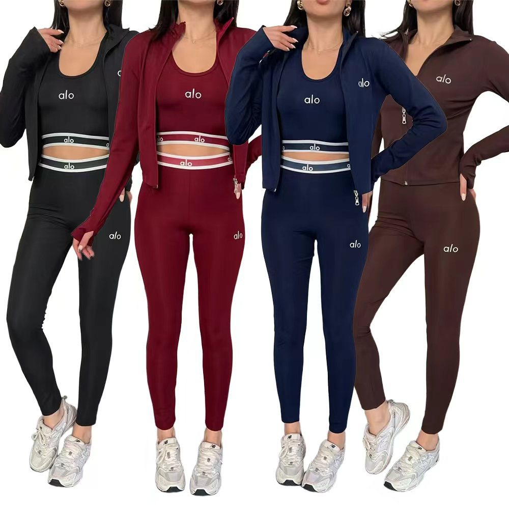 DD0179欧美女装跨境新品时尚休闲运动跑步 瑜伽服套装 刺绣三件套