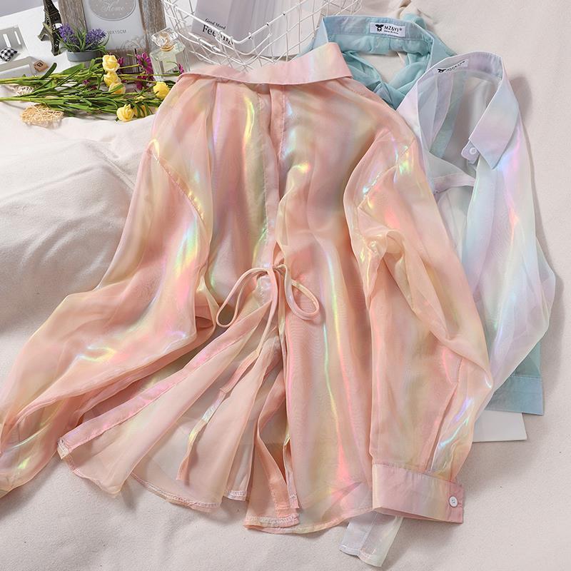 Fashionable back lace-up backless versatile refreshing chiffon shirt Women's Korean-style age-reducing sweet rainbow glossy cardigan sun protection shirt