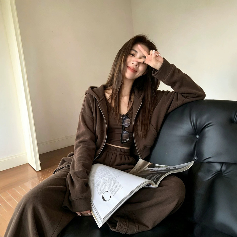 Autumn and Winter New Style Lazy Style Hooded Sweatshirt Jacket, Coffee-Colored Zip-Up Cardigan, Wide-Leg Pants Three-Piece Set, Old Money Style Autumn and Winter New Style Lazy Style Hooded Sweatshirt Jacket, Coffee-Colored Zip-Up Cardigan, Wide-Leg Pants Three-Piece Set, Old Money Style