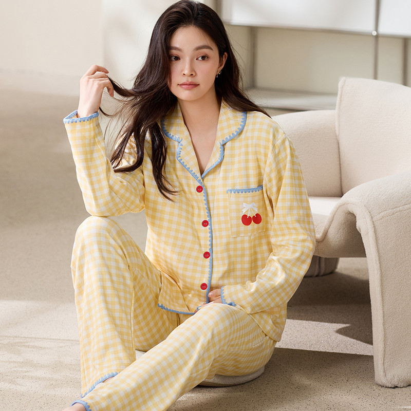 2025新款春秋季纯棉开衫睡衣女长袖长裤亲肤家居服透气全棉可外穿|undefined