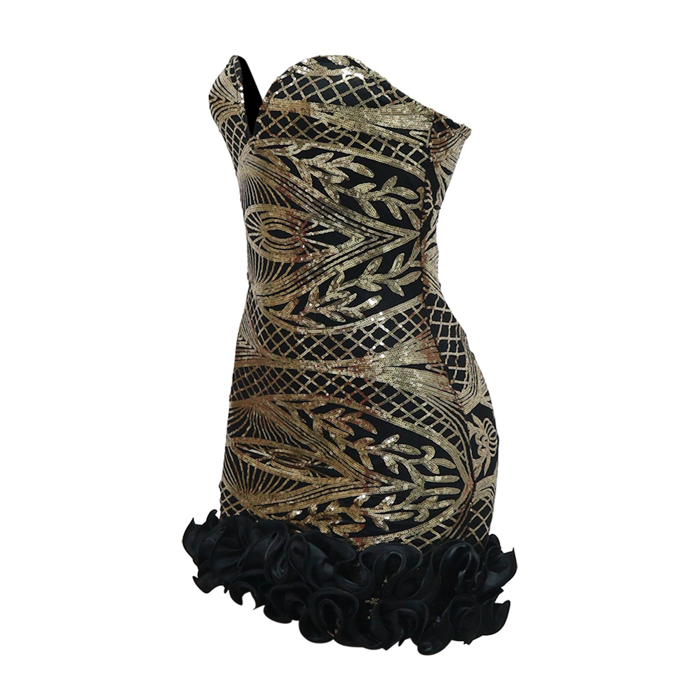 Sexy Women Clothing Tube Top V neck Sequ Flounce Dress
