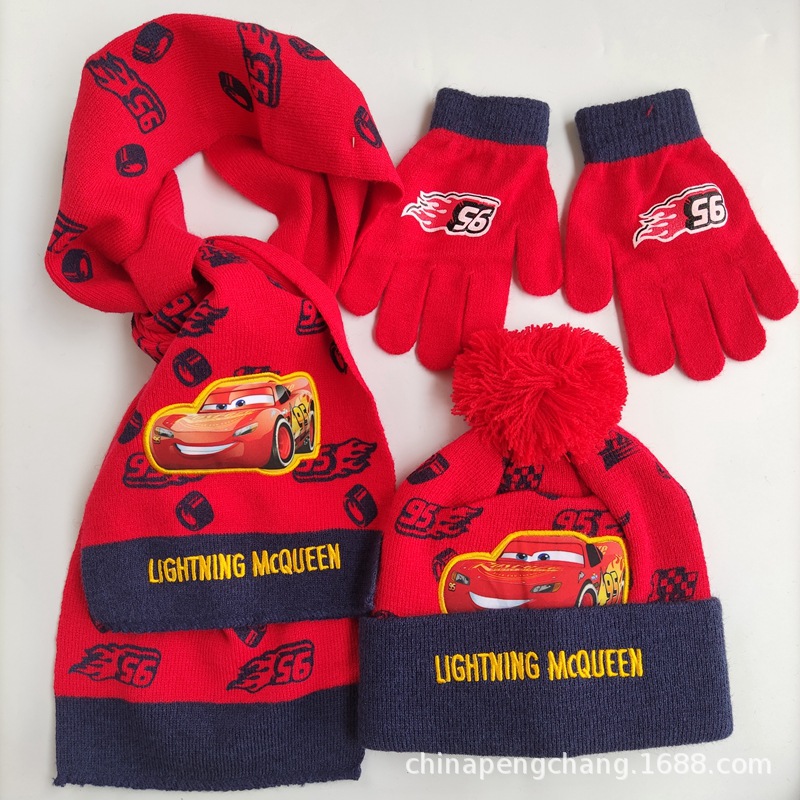 3-10 years old children's scarf set 95 car mobilization warm boy's hat scarf gloves three-piece Winter