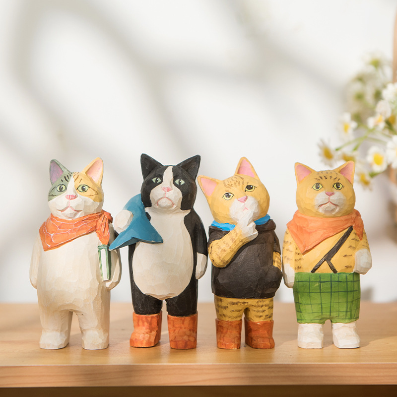 Wooden Cat Figurine Creative Home Desktop Decoration Cute Hand-Carved Craft Gift Wooden Cat Figurine Creative Home Desktop Decoration Cute Hand-Carved Craft Gift