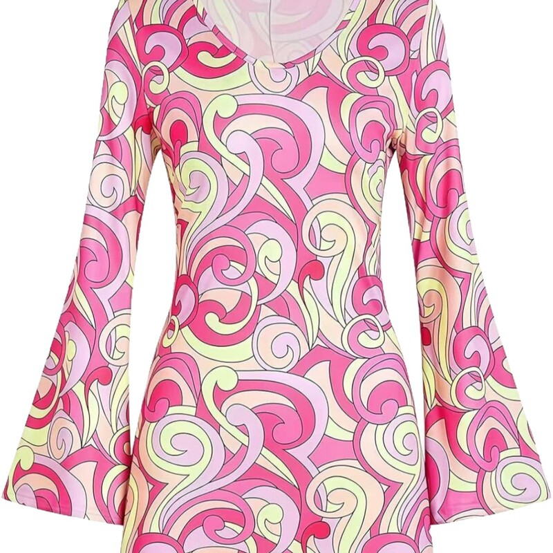 European and American Cross-Border Retro Hippie Print Dress with Long Bell Sleeves, Round Neck, Short Skirt, and Silk Scarf, Fashionable Women's Clothing European and American Cross-Border Retro Hippie Print Dress with Long Bell Sleeves, Round Neck, Short Skirt, and Silk Scarf, Fashionable Women's Clothing