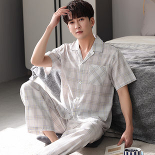 Men's gauze cotton pijama, thin summer trousers, set