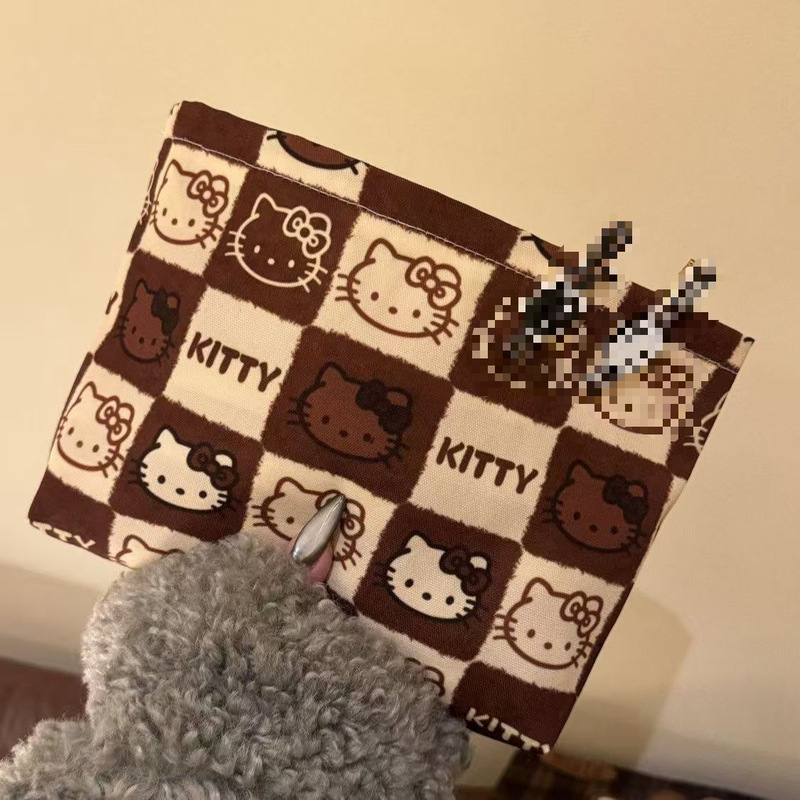 Cartoon Cute Cat Clutch Bag for Women to Carry with Them When Going Out, Makeup Bag, Canvas Bag, Brown Plaid Storage Bag
