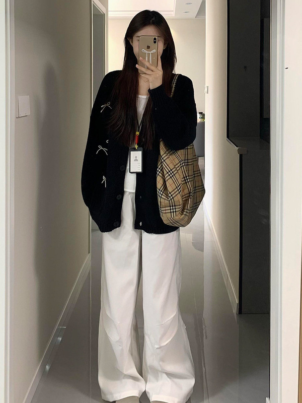 慵懒风黑色宽松v领毛衣外套女2025新款早秋季针织开衫上衣感|undefined