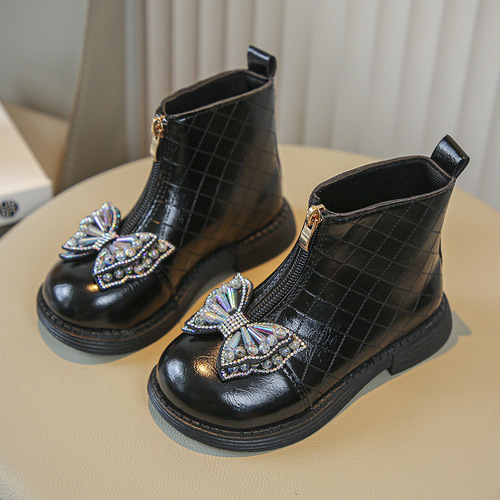 2025 Autumn/Winter New Arrival Fashionable Girls' Small Leather Boots with Chanel Style, Front Zipper, Bowknot Design, Soft Sole Martin Boots