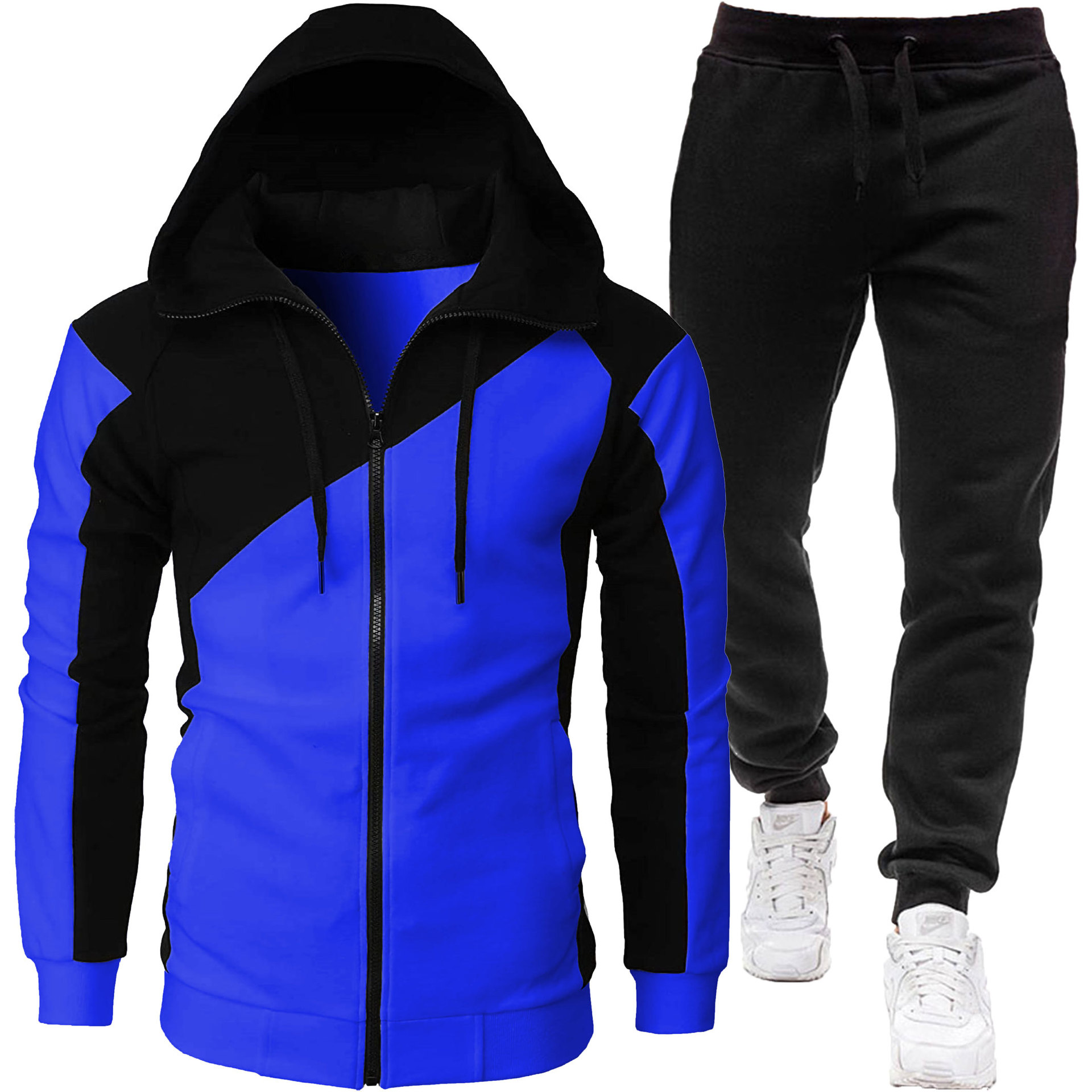 2024 Herbst und Winter Zweifarbige Patchworkjacke, Langärmlige Hose, Freizeitsport-Set für Herren mit Kapuze_voghion.com