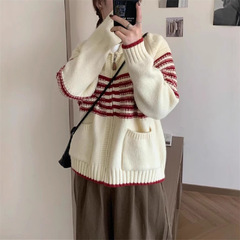 翻领设计感条纹针织开衫女2025秋冬季新款软糯慵懒风休闲减龄毛衣