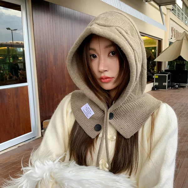 Autumn and Winter New Balaclava Hat Button Drawstring Ear Protection Hat South Korea Knitted Hemp Flower Sneak One-piece Hat