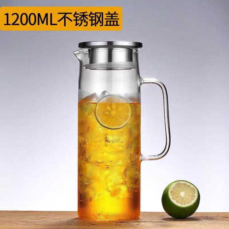 Para la hospitalidad en el hogar, hervidor de agua frío con tapa de bambú, tetera recta con alto contenido de borosilicato, tetera para bebidas frías con jugo, tetera resistente a altas temperaturas