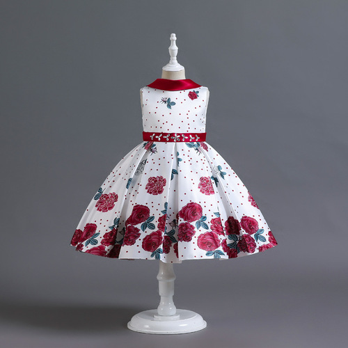 Cross-border new girls' dress with floral satin princess skirt, elegant birthday piano performance costume