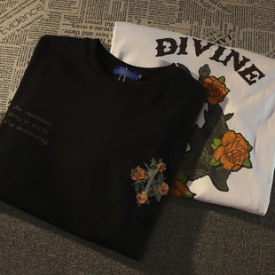 Plus Size American Retro Rose Pure Cotton Short-Sleeved T-Shirt for Men and Women Couples Summer Ins Trendy Brand Loose Half-Sleeved Tops