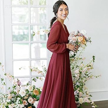 Cross-border new V-neck bridesmaid dress long sleeve chiffon prom evening dress long slit dress host dress