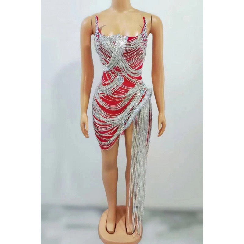 2024 Black Fashion Sexy Slim Fit Hip Mini Ultra Short silver Tassel Dancing Stage Performance Dress