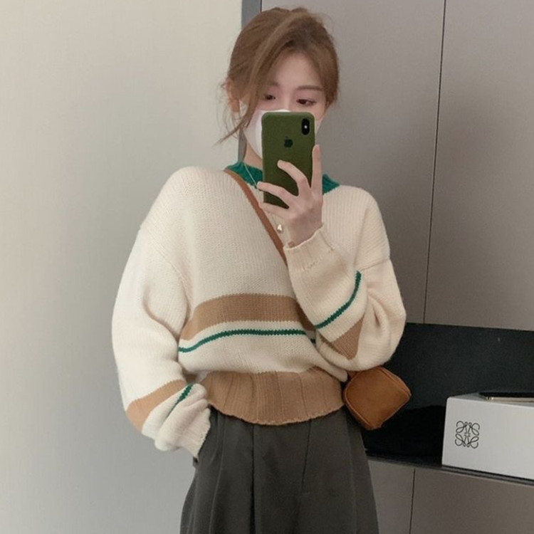韩版圆领拼色条纹软糯保暖毛衣女2022年秋冬新款宽松显瘦学生上衣