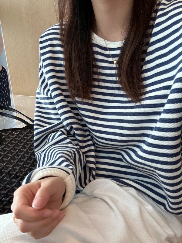撞色条纹ins风宽松圆领卫衣长袖女2025秋季韩系松弛感百搭T恤上衣|undefined