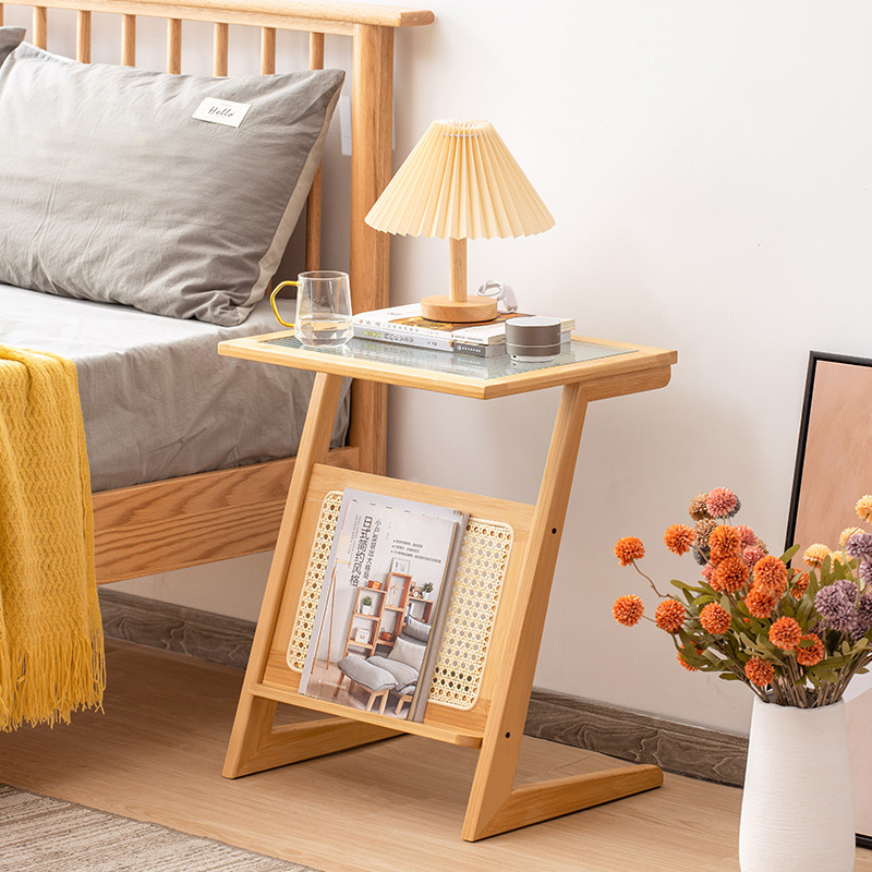 Mesa de noche de ratán simple hogar dormitorio Changhong mesita de noche de vidrio sala de estar japonesa sofá pequeño Gabinete lateral