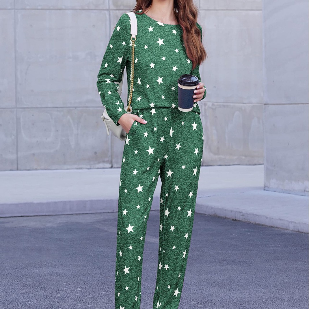 2025 pijamas con estampado de estrellas de manga larga de las nuevas mujeres europeas y americanas pijamas suaves con cuello redondo traje casual con bolsillo