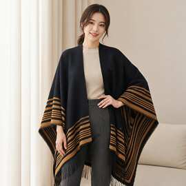 黑驼撞色几何条纹流苏针织披肩女秋冬 加厚斗篷围巾两用 复古宽松