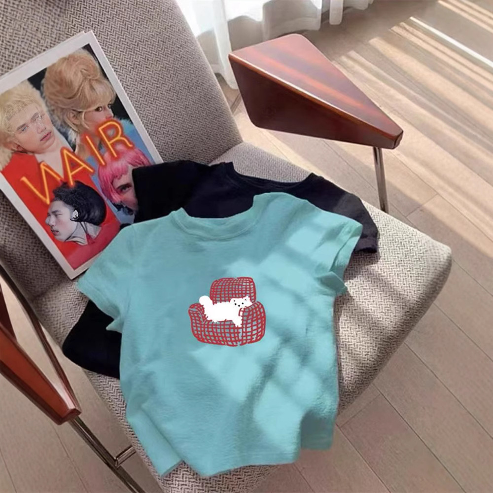 2025 Summer New Pure Cotton Short-Sleeved T-Shirt Women's Internet Celebrity Style Right Shoulder Round Neck American Printed Sexy Slim Top