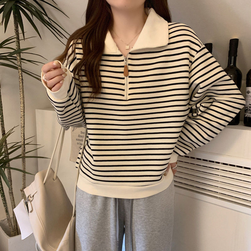 Plus-Size American-Style Striped Polo Collar Sweatshirt for Women, New Spring Model, Loose Fit, Half-Zip Long-Sleeve Top