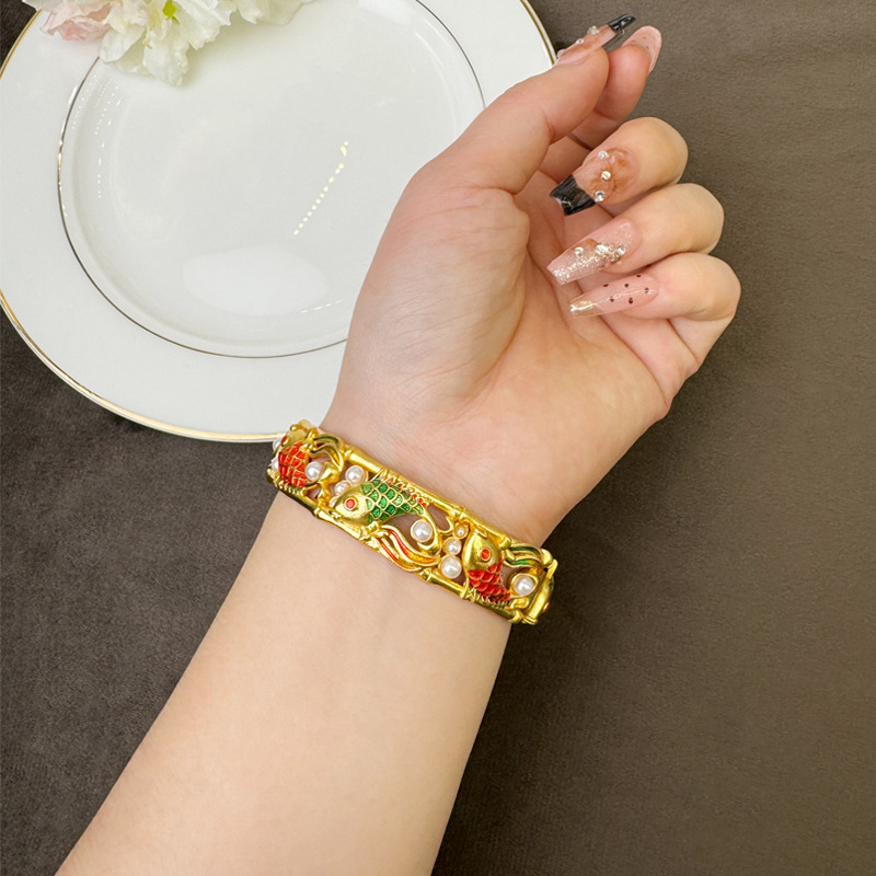 Antiguo oro de arena vietnamita chino arroz azul pulsera de perla koi simple de alta calidad joyas no se desvanecen