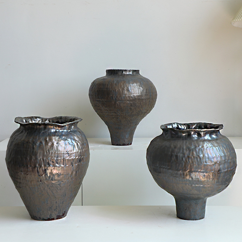 Handcrafted Metal-Glazed Rustic Pottery Vase, Wabi-Sabi Style Vintage Ceramic Flower Vessel, Home Decor Ornament Handcrafted Metal-Glazed Rustic Pottery Vase, Wabi-Sabi Style Vintage Ceramic Flower Vessel, Home Decor Ornament