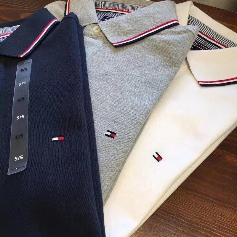 Cross-Border American Tommy Short-Sleeve T-Shirt Men's Business Cotton Polo Shirt Summer Casual Turn-Down Collar Loose Fit White