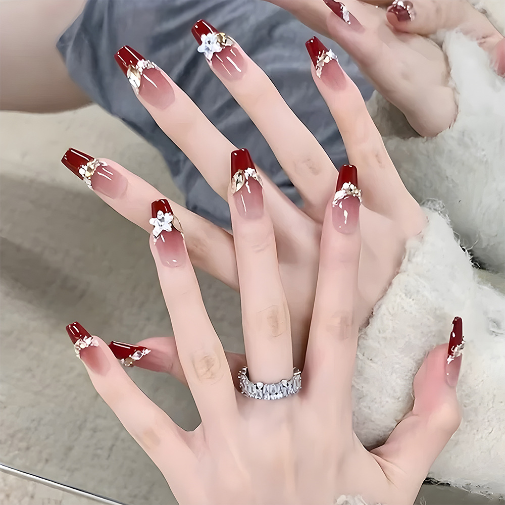 Rosa desnuda vino rosado gradiente perforación de uñas flores elegante estilo de vestir uñas 24 piezas empaquetadas parches de uñas terminados image 1