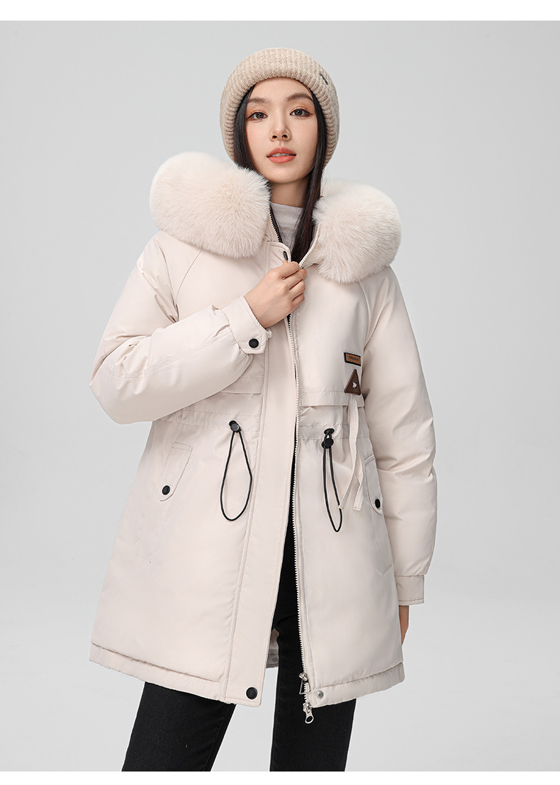 2024 foreign trade overcomes women's winter new Korean version waist cinching slimming hooded big fur collar cotton_voghion.com