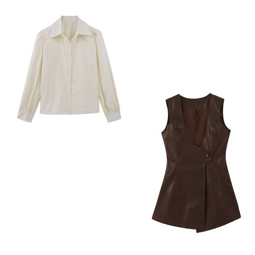 High-End Leather Skirt Bodysuit Dress + Solid Color Shirt Women 2025 Spring and Autumn Season Korean Style Fashion Set