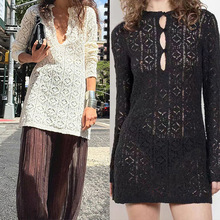 梅丁~款法式2025早秋轻奢别致钩花镂空圆领三粒扣迷你连衣裙25555