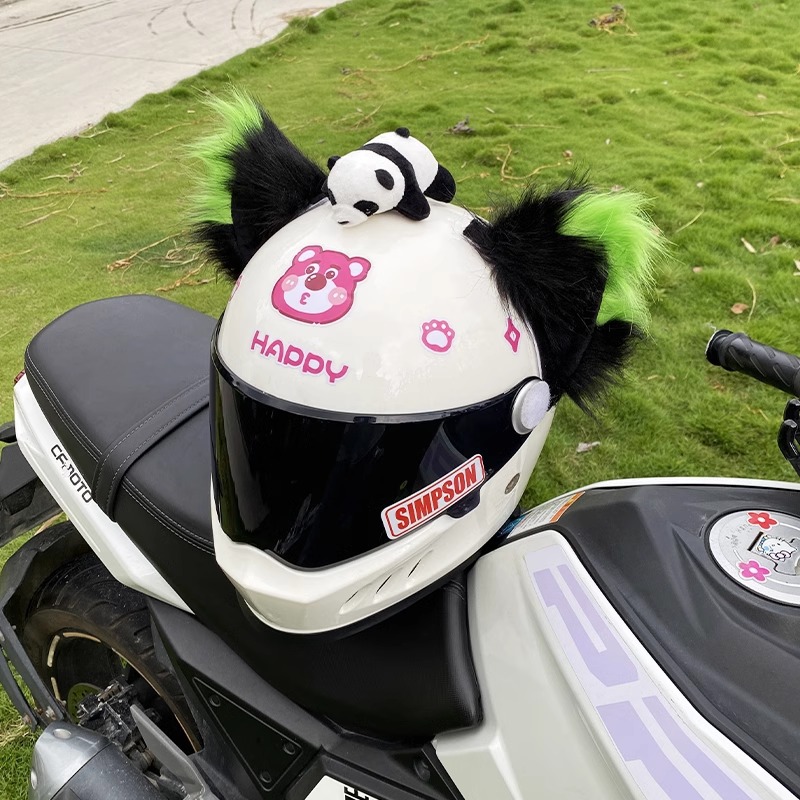 Oversized Black Green Fox Ear Helmet Decoration Plush Motorcycle Helmet Accessory