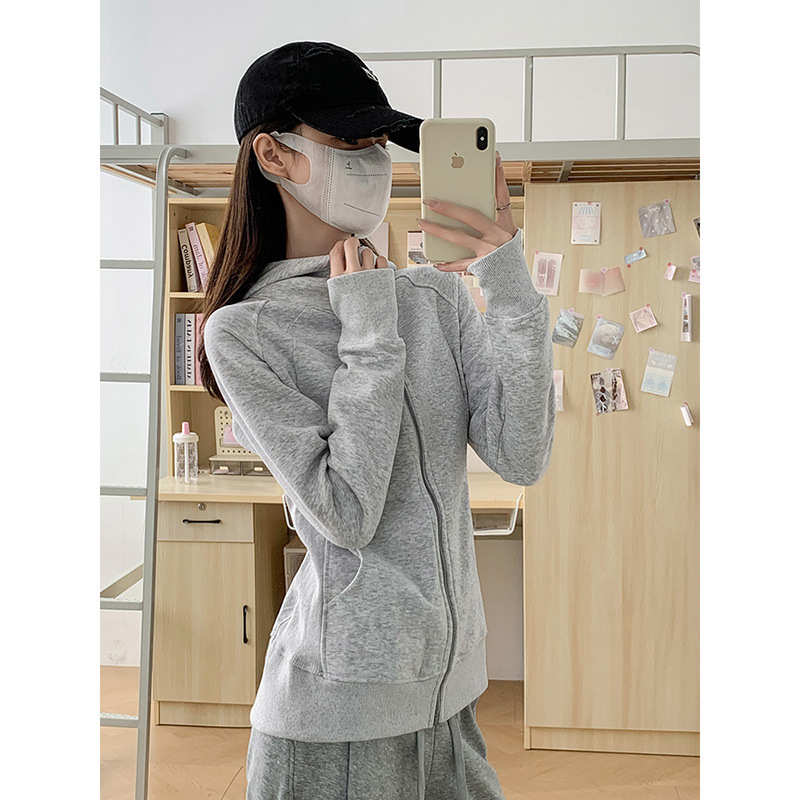 Hooded Sweatshirt for Women, Gray Sports Jacket, Spring and Autumn Zip-Up Cardigan, American and Korean Trendy Brand, Slim Fit, Long Sleeves