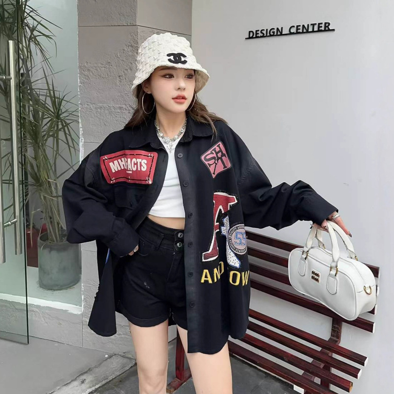 欧货酷飒重工牛仔衬衫女2025春秋新款大码中长款宽松百搭卡通外套|undefined