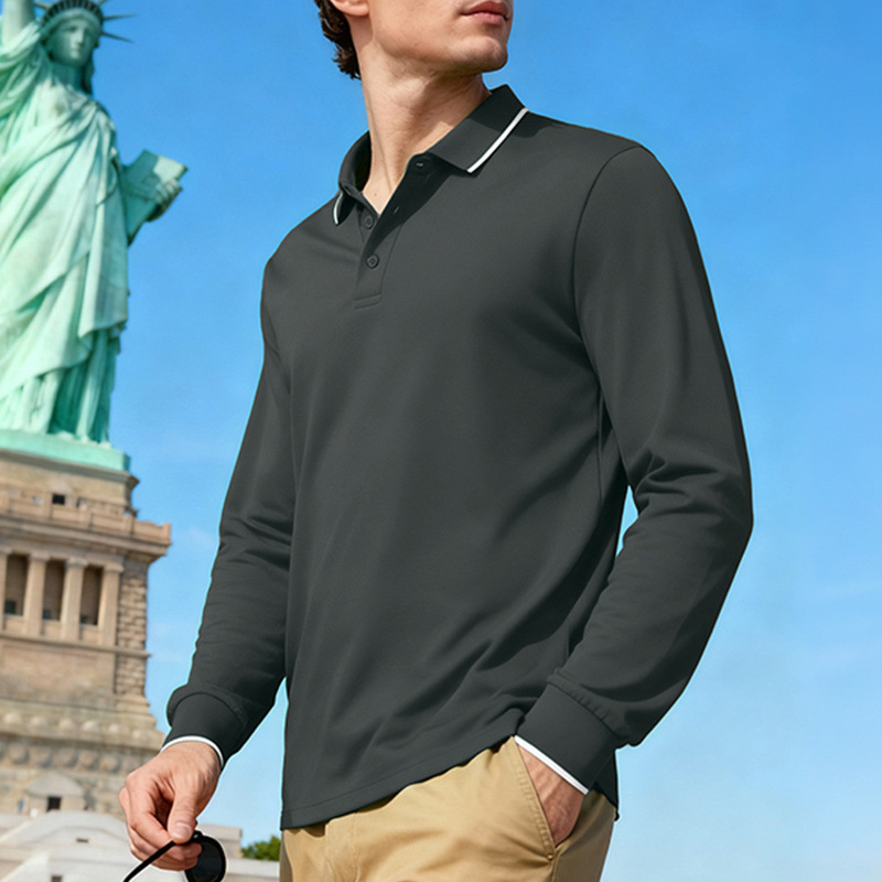 Cross-Border New Product American Autum Loose Men's Casual Jacquard Polo Shirt Quick-Drying Breathable Polo Golf Long Sleeves