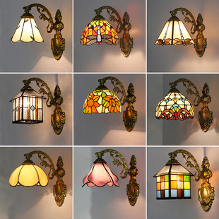 European Retro Tiffany Wall Lamp Mirror Headlight Pastoral Bedroom Aisle Living Room Bedside Wall Lamp Bathroom Mirror Lamp