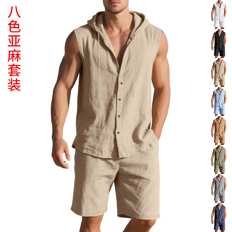 Cross-Border Loose Linen Casual Simple Hooded Sleeveless Sports Shirt Shorts Two-Piece Suit