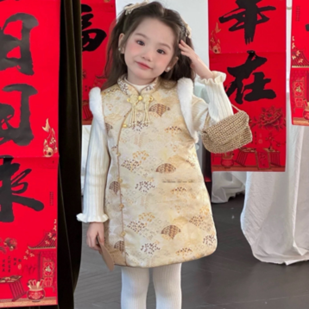 [Ropa para niños Le En] Invierno nuevo estilo saludo de Año Nuevo 2024 Falda cheongsam de bebé de niña coreana Falda chaleco bordado más terciopelo