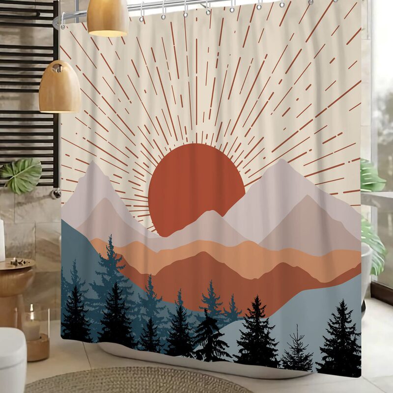 Medieval Bohemian Bathroom Shower Curtain Abstract Sunset Geometry Mountain Forest Aesthetics Bohemian Shower Curtain suit